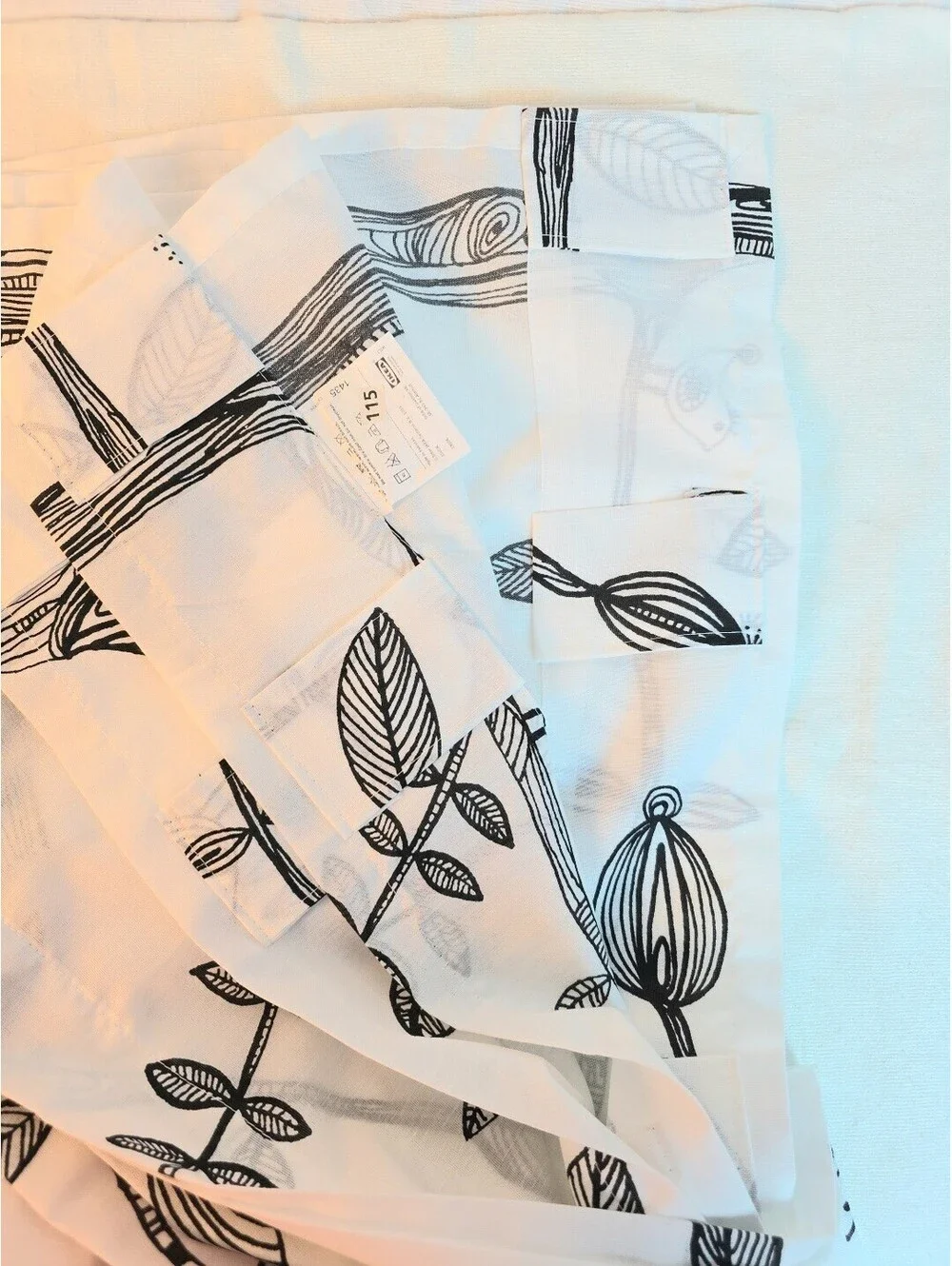 Vintage IKEA Eivor White Black Leaf Pattern 1 Pair Curtain Panels 56×82 NEW